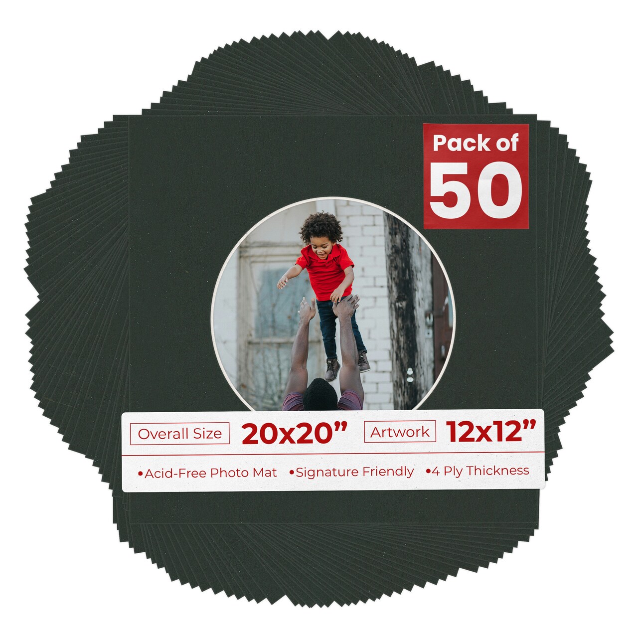 Textured Black Mat Board for 20x20 Frames - Circle Opening for 12x12 Photos